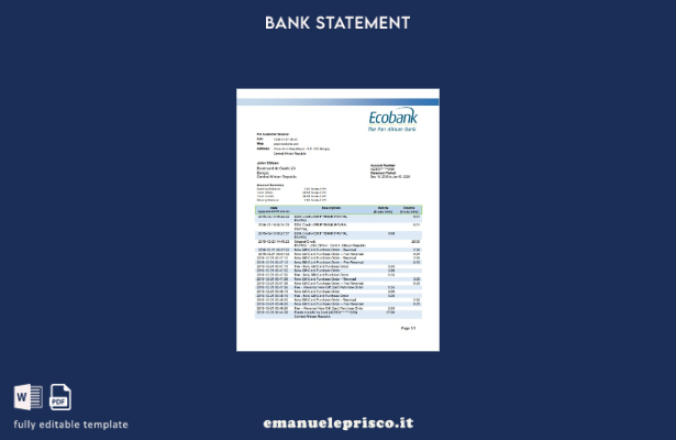 modello Excel di estratto conto bancario Ecobank della Repubblica Centrafricana 